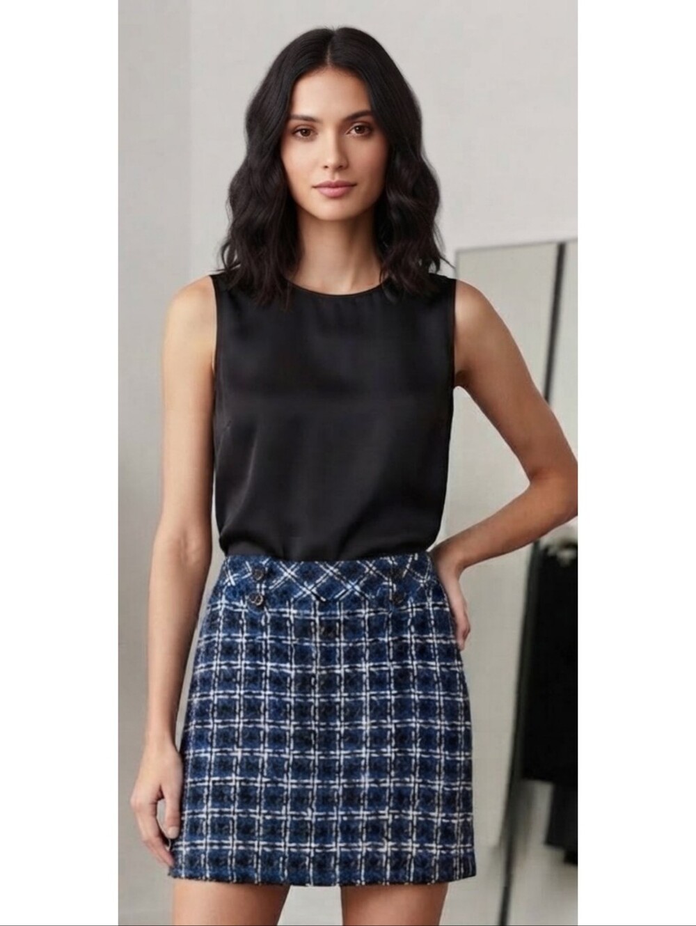 Loft Outlet Plaid Tweed Mini Skirt Black & Blue Houndstooth Size 00P